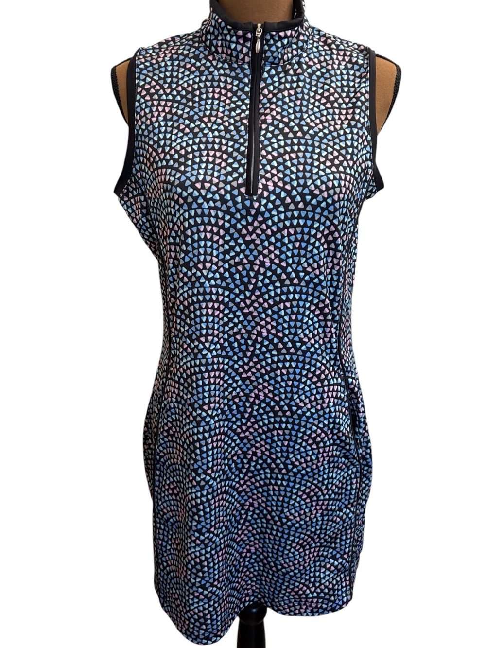 Pebble Beach Blue Pink Geo Print Dry-Luxe Golf Dress Quarter Zip Pockets Size M